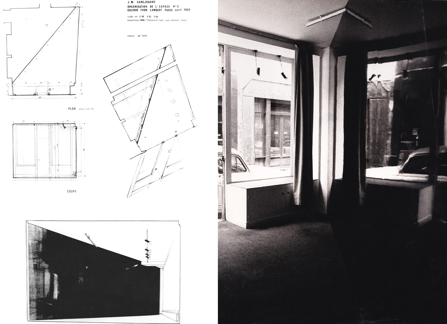 Jean-Michel Sanejouand - Plan et vue de l'Organisation d'espace n°2 de la Galerie Yvon Lambert à Paris en avril 1968